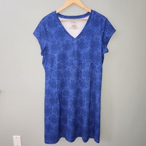 L.L. Bean Dress A-line Stretch Blue Sunbursts Knee Length Pocket Sz XL EUC